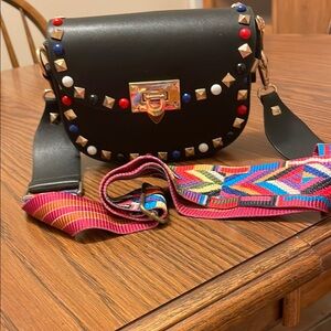 Black and Red Crossbody Bag with Colorful Studs and Adjustable Strap